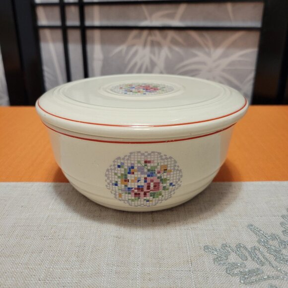 Art Deco J&G Meakin Covered Small Serving Bowl w/ Cross Stich "SOL" Pattern - Picture 1 of 5